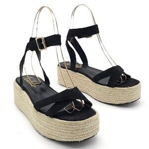 Lulus Cobi Black Faux Suede Espadrille Platform Sandals Size 8.5 Flatform Shoes